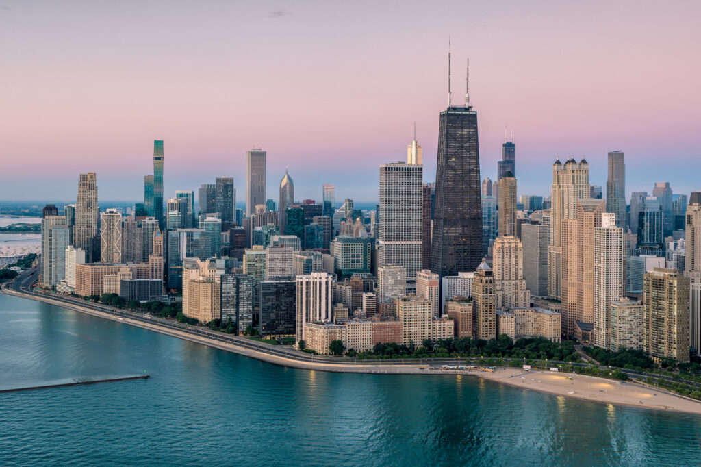 The Chicago skyline at dusk
