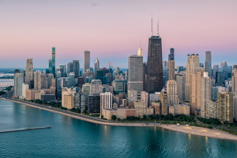 The Chicago skyline at dusk
